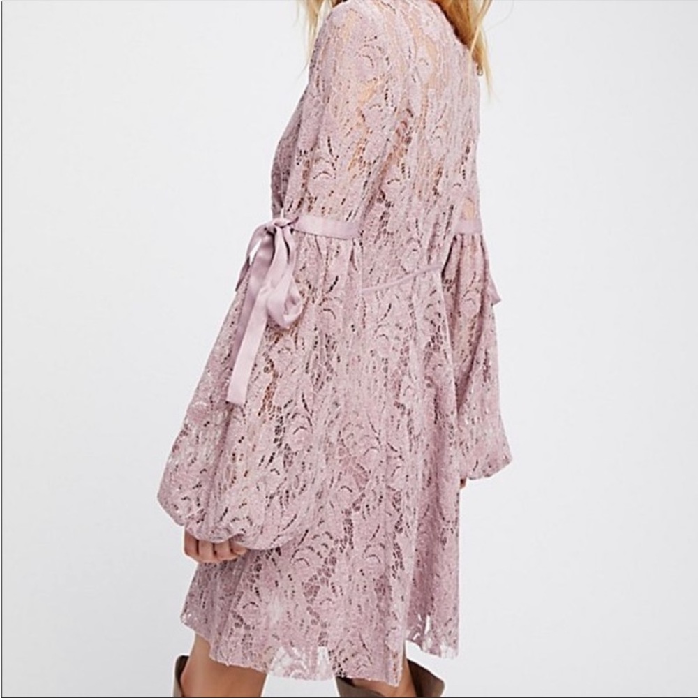 Free People Dress Ruby Mini Babydoll Lilac Pink Lace Sheer Boho Balloon Sleeve - Picture 2 of 13